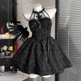 GETADME Dark Gothic Lolita Dress Women Cross Halloween Party Mini Sexy Swing A-line Punk Off Shoulder Emo Grunge Ruched Summer Vintage
