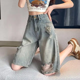 GETADME High Waist Slimming A- Line Denim Shorts Women's Five-Quarter Length Straight Leg Jeans Retro Style No Stretch Cotton Blend
