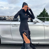 GETADME Elegant Ruffles Detail Split Hooded Maxi Dress for Women Autumn Winter Long Sleeve Bodycon Dresses Rave Festival Dress 2025