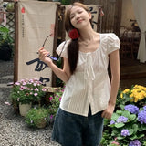 GETADME Short Sleeve White Camisas Korean Bandage Chemises Femme Tops Slim Waist Elegant Chic Shirts Women Y2k Lace-up Bow