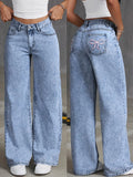 GETADME Women's Back Pocket Bow Embroidered Fashionable Wide Leg Pants Versatile Washed Denim Trousers