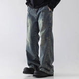 GETADME Korean Style Large Pocket Workwear Jeans Retro Blue Men'S Baggy Jeans Straight Leg Pants Casual Wide Leg Pants Casual Pants
