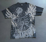 GETADME Gothic Vintage Distressed T-Shirt Two-in-One Skeleton Print Layered Top Y2K Retro Streetwear Loose Fit Harajuku Fashion Tee