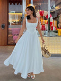 GETADME Women Elegant White Slim Pleated Long Dresses 2025 Spring New Square Neck Sleeveless High Waist Dress Fashion Female Party Robes