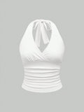 GETADME 26Solid V-neck Backless Halter Crop Top for Women Summer Sexy Y2K Sleeveless Ruched Top Streetwear