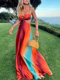 GETADME Sexy Gradient Hollow Out Maxi Dress Women Backless Sleeveless Sling Long Dresses 2025 Summer Vacation Boho Beach Satin Robes
