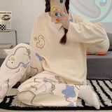 GETADME Autumn and Winter Models of Women's Long-Sleeved Pajamas Homewear Suit Korean Version of the Simple Leisure Pajamas Homewear