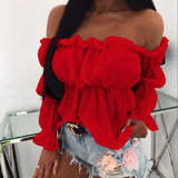 GETADME Women's Fashion One-line Collar Waist Shirt Women's Pleated Casual Long Sleeve Solid Color Shirt Woman
