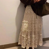 GETADME 2025 Crochet Long Semi Skirt Women Lace Version of Gentle Heavy Industry Retro Hollow Design Elastic Knitted  A-shaped