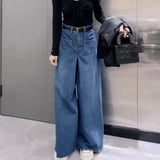 GETADME Retro Loose Super Wide-leg Jeans Women's 2025 Spring New Design Rough Edge Culottes Drape Floor Pants Women's Clothing Simple