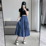 GETADME Women's Patchwork Denim Color Spliced A-line Skirt Tencel Big Swing Long Thin Skirt