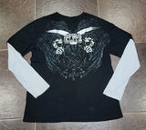 GETADME Gothic Vintage Distressed T-Shirt Two-in-One Skeleton Print Layered Top Y2K Retro Streetwear Loose Fit Harajuku Fashion Tee