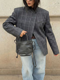 GETADME HH Women Fashion Plaid Blazer Coat Stand Collar Long Sleeve Jacket 2026 Spring Trend Casual Office Lady Chic Outerwear