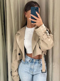 GETADME 2025 Belt Cropped Trench Spring Jacket Women Vintage Streetwear Double Breasted Long Sleeve Top Female Coat Outfits