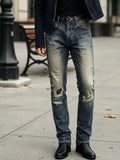 GETADME 【HME】Men's jeans | High quality men denim pants with distressed detail, loose straight leg denim design, natural worn wash texture, reinforced knee rip patches, frayed ankle cuffs, neat sewing process, high tolerance for leg shapes, multi-scene ma