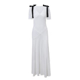 GETADME Elegant Temperament Bow Summer Casual Maxi Dresses V-Neck Y2K Women's Long Dress Evening Party Office Holiday Vestidos