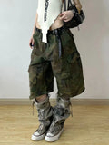 GETADME Women Short Jeans Green Camouflage American Vintage Y2K Straight Streetwear Wide Leg Pants High Waist Female Summer Denim Shorts