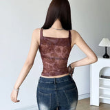GETADME Summer Hot Girl Retro Brown Crochet Flower Printed Camisole For Women