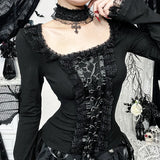 GETADME Goth Black Lace Trim Long Sleeve T-Shirts Vintage Sexy Lace-up Square Collar Tops with Choker Cross Women Autumn Tees