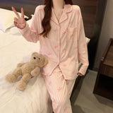GETADME Printemps et automne nouveaux pyjamas pour femmes ensemble de vêtements de détente fille amour Cardigan pyjamas tissu froissé vê