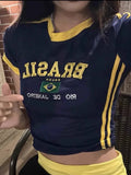 GETADME Brazilian letter embroidered Gothic cut top street clothing plaid baby T-shirt retro short sleeved Y2k clothing 2025 summer EMO