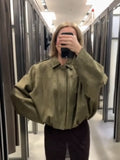 GETADME Vintage Suede Zipper Jacket Women Casual Oversized Lapel Green Long Sleeve Bomber Coats 2025 Spring Street Chic Outerwear Tops