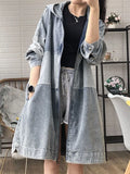 Spring Autumn New Women's Korean Version Mid-length Loose Fashion Hooded Stitching Denim Trench Coat