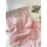 GETADME 레이스 잠옷 여성 파자마 세트 솔리드 한국식 피아마 여름 반바지 세트 2피스 스파게티 스트랩 나이트웨어 캐주얼 홈 슈트