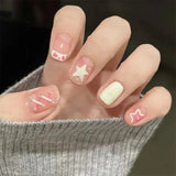 GETADME Y2K 블랙 화이트 스타 인조 가짜 손톱 풀커버 짧은 가짜 손톱 탈착식 여성용 프레스온 네일 DIY 매니큐어 24개