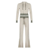 GETADME 레오삭스 패치워크 2피스 세트 트랙수트 여성 지퍼 와이드 허리 크롭 후드 포켓 재킷 + 스포티 팬츠 매칭 캐주얼 베이직 수트