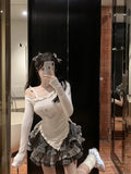 Getadme Women 2000s Kpop Gyaru Kawaii Japanese Y2k Coquette Outfits 2 Piece Set Long Sleeve Crop Tops + CutecoreA-line Mini Lolita Skirt