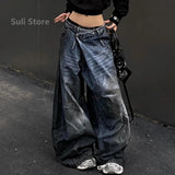 GETADME Blue Womens Jeans High Waist Vintage Design Hip Hop Straight Baggy Denim Pants Street Y2K American Style Wide Leg Denim Trouser