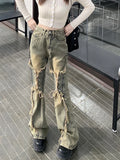 GETADME Women Gyaru Japanese Harajuku Y2K Streetwear Low Rise Flare Lace Up Denim Pants Jeans 2000s Vintage Bell-Bottom Trousers Goth