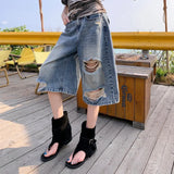 GETADME American High Street Style Ripped Wide Leg Jeans Women Summer New Loose Pear Shape Slimming Small Size Straight Seven-Foot Pants