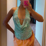 GETADME hirigin Sexy Glitter Sequin Tank Tops Women Y2K Fashion Deep V-neck Hollow Out Cropped Tops Tee Summer New Backless Beach Tops