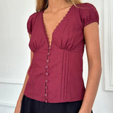 GETADME Maemukilabe French Style Lace Trim Crop Tops Women V Neck Button Up Milkmaid Blouse Cottage Fairy Y2K T-shirt Vintage Streetwear