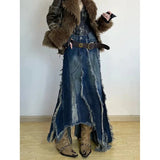 GETADME Women Blue Denim Half Body Skirt Tassels Bottoms High Waist Casual Korean Mid Length Skirt Baggy Vintage Female Long Skirt