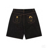 GETADME Summer original color washed flying dog print denim shorts beach trend loose fashion couple quarter pants straight casual pants