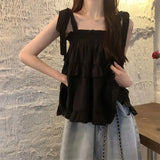 GETADME Ruffles Shirts and Blouses Korea Style Solid Fashion Woman Blouse 2025 Spaghetti Strap Top Women Summer Slash Neck Clothes New