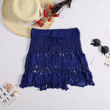 GETADME Handmade Crochet Hollow Out Swimwear Cover Up Solid Color Drawstring Short Skirt Women Holiday Knitting Sweet Beachwear