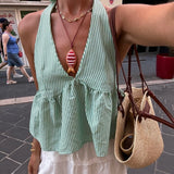 Getadme Bohemian Plaid Babydoll Tank Tops Coquette Tie-up Halter Neck Sleeveless Vest Summer Backless Crop Tops Women Holiday Streetwear