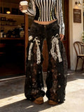 GETADME 2026 Gothic Y2K Style Lace Hollow Out Black Baggy Women's Low Rise Jeans Pants For Woman Clothing Straight Loose Long Trousers