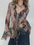 Chemises à volants en maille imprimée florale vintage GETADME pour femmes, transparentes et sexy, manches à volants, coutures ouvertes et lacets, vêtements esthétiques