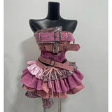 GETADME Y2K Style  Low Waist  Patchwork Sleeveless Halter Top Irregular pink Half Skirt Sexy Short Skirt kpop dance Outfit Lolita Set