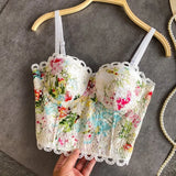 GETADME Push Up Women Sexy Gothic Flower Embroidery Corset Top Bustiers Lace Bra Lady Camis Overbust Cropped Tops Club Party Lingerie