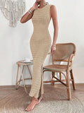 GETADME Fashionable and elegant hollow out dress with round neck and waist clip skirt, sleeveless slim fit woolen dress for women