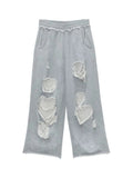 GETADME Distressed Gray Baggy Joggers Women Hip Hop Style Grunge Wide Leg Holes Sweatpants Oversized Gyaru Streetwear Trousers