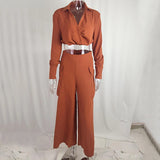 GETADME Elegant Fashion Women's Trousers Suits High Waist Wide Leg Pockets Pants V Neck Long Sleeve T-Shirts Solid Two Piece Sets