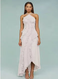 GETADME Elegant Purple Halter A Line Prom Gowns Ruffles Tiered Backless Party Gown Summer Vacation Chiffon Long Evening Dress