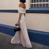 GETADME Off Shoulder Elegant Short Sleeve Shirring Low Waist A-line Long Dress Solid Slim Party Fashion Summer Ruched Patchwork Vestidos
